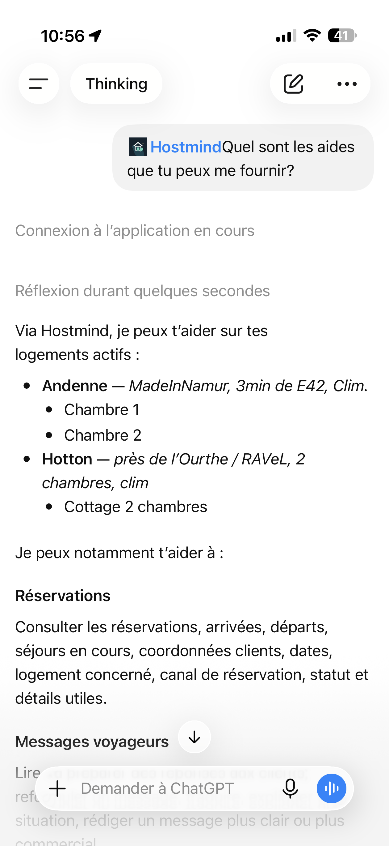 ChatGPT mobile screenshot with Hostmind listing capabilities