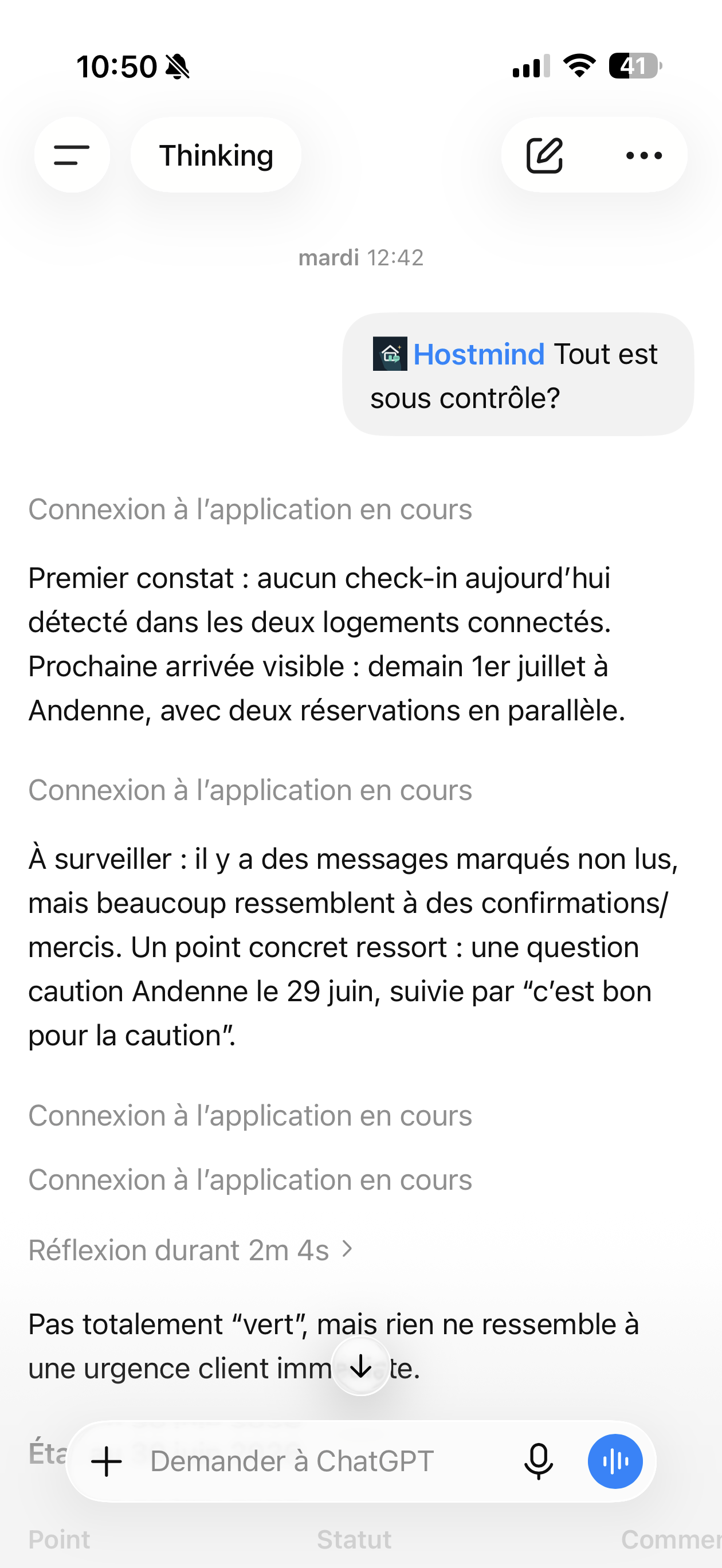 ChatGPT mobile screenshot with Hostmind operational status